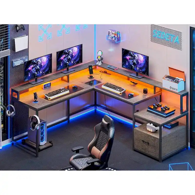 L Shape Gaming Computer Desk with File Drawer Printer Storage Shelves