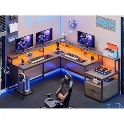 L Shape Gaming Computer Desk with File Drawer Printer Storage Shelves