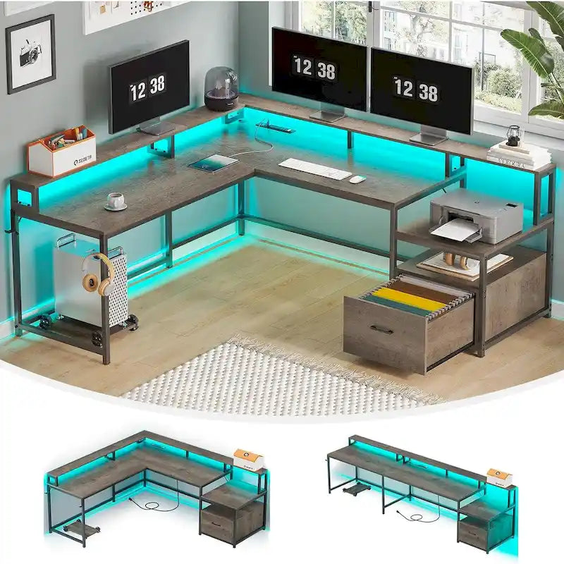 L Shape Gaming Computer Desk with File Drawer Printer Storage Shelves