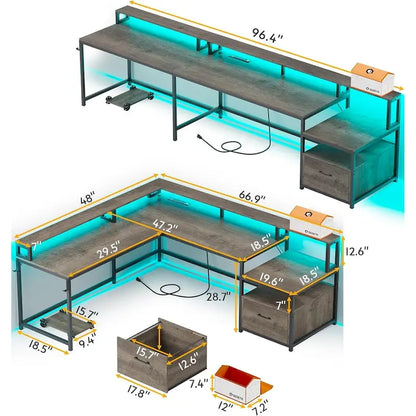 L Shape Gaming Computer Desk with File Drawer Printer Storage Shelves