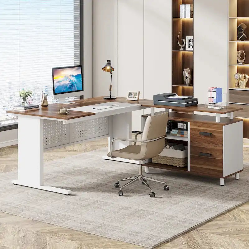 L Shaped Executive Desk, Large Computer Desk with File Cabinet
