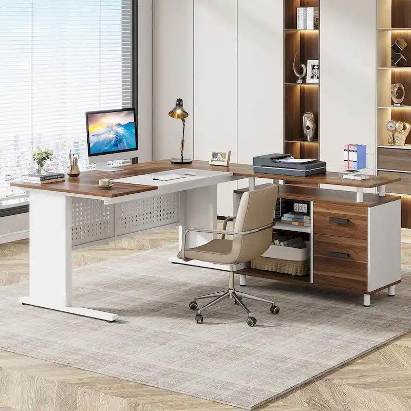 L Shaped Executive Desk, Large Computer Desk with File Cabinet