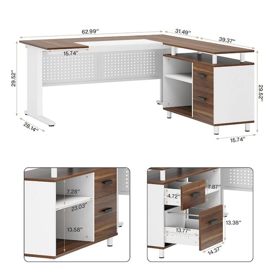 L Shaped Executive Desk, Large Computer Desk with File Cabinet
