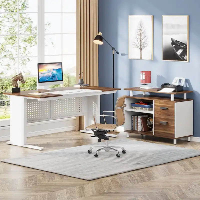 L Shaped Executive Desk, Large Computer Desk with File Cabinet
