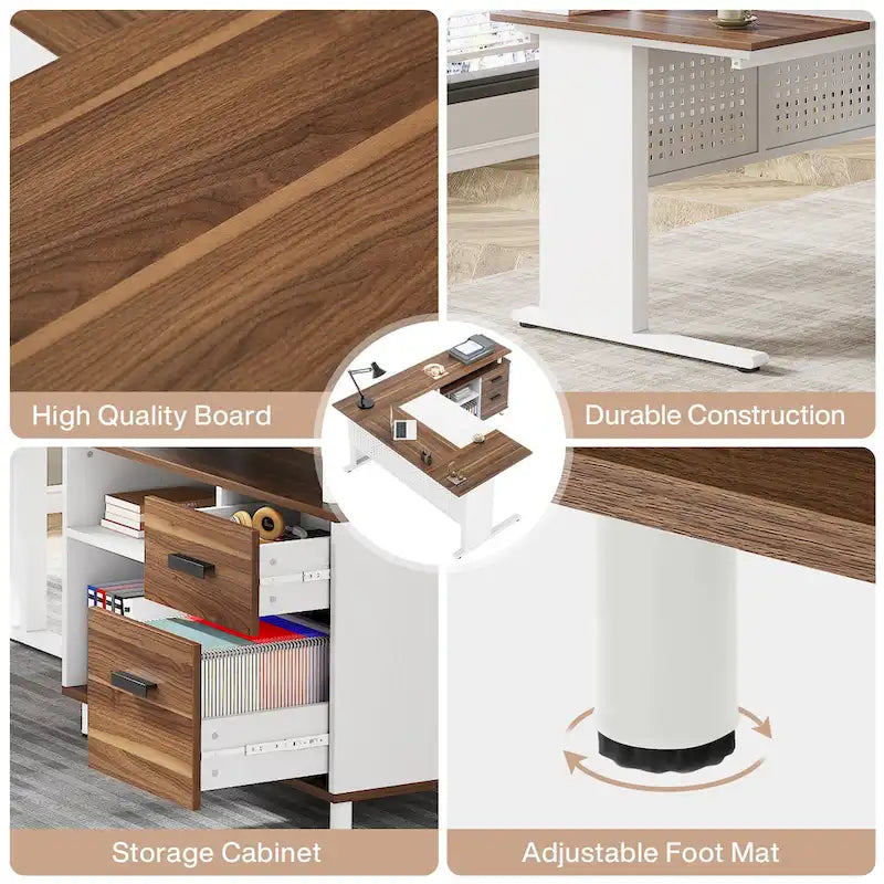 L Shaped Executive Desk, Large Computer Desk with File Cabinet