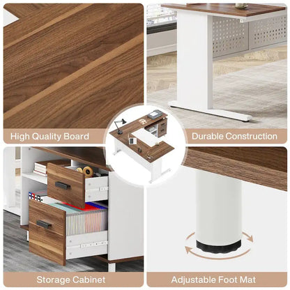 L Shaped Executive Desk, Large Computer Desk with File Cabinet