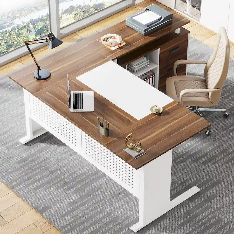 L Shaped Executive Desk, Large Computer Desk with File Cabinet