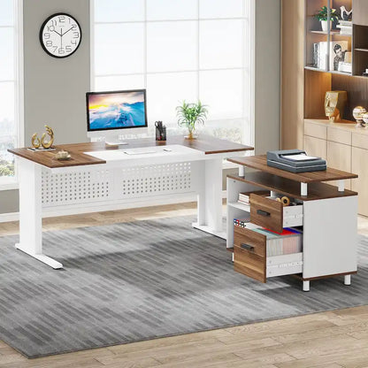 L Shaped Executive Desk, Large Computer Desk with File Cabinet