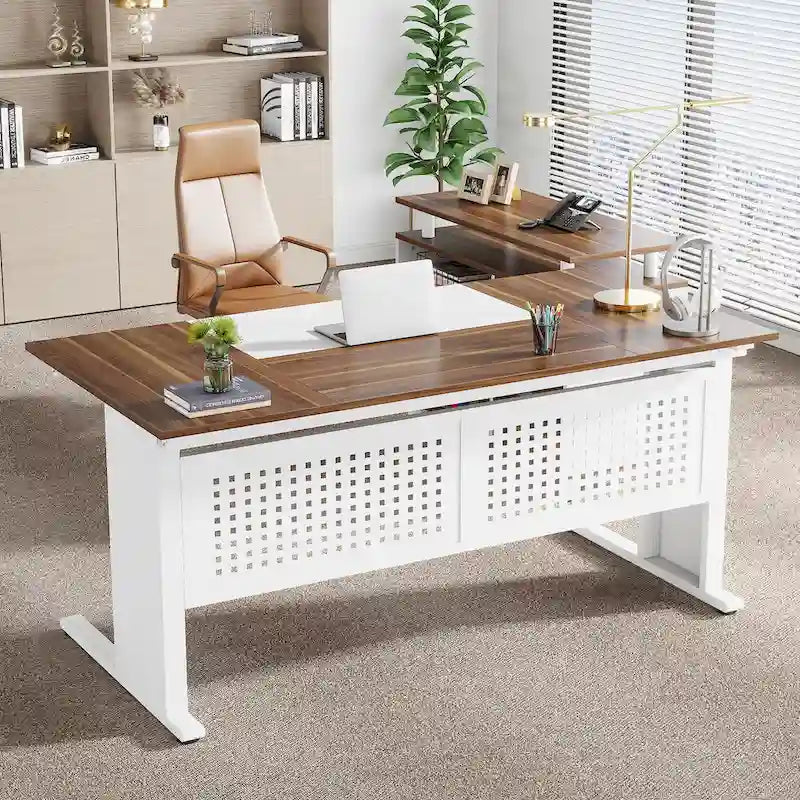 L Shaped Executive Desk, Large Computer Desk with File Cabinet