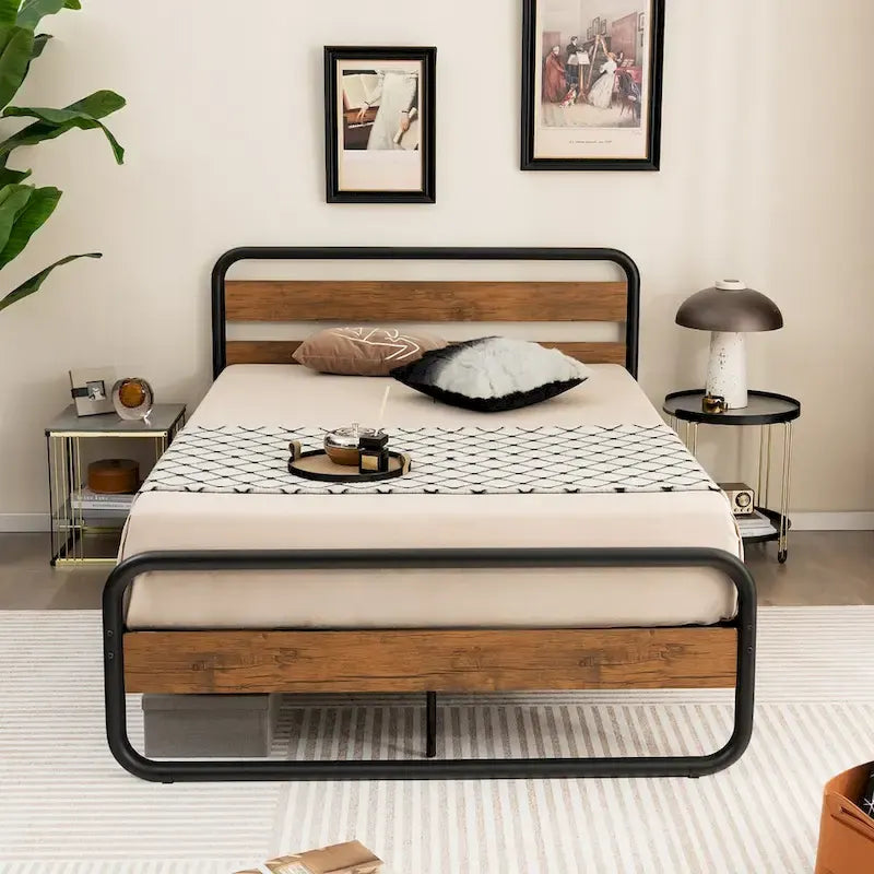Costway Metal Bed Frame Arc Platform Headboard Footboard Mattress - Black