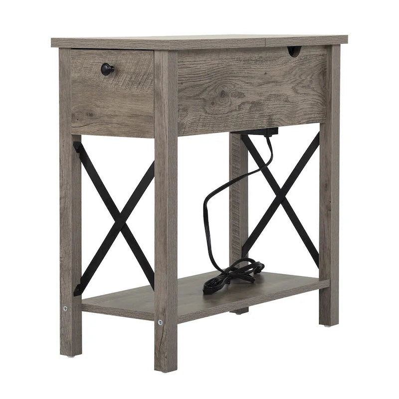 Farmhouse Flip Top Nightstand End Table W/Drawer 2AC Outlets 2USB