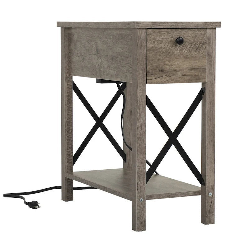 Farmhouse Flip Top Nightstand End Table W/Drawer 2AC Outlets 2USB