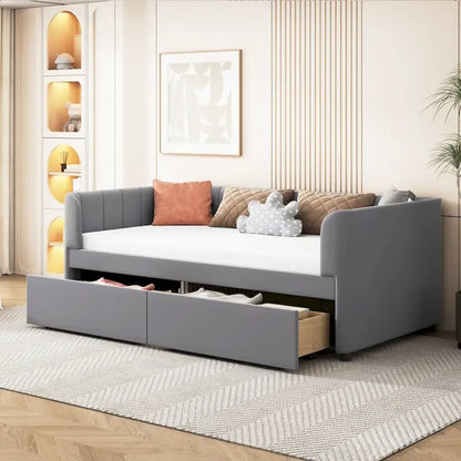 Twin Size Upholstered Daybed with Ergonomic Design Backrest and 2 Drawers