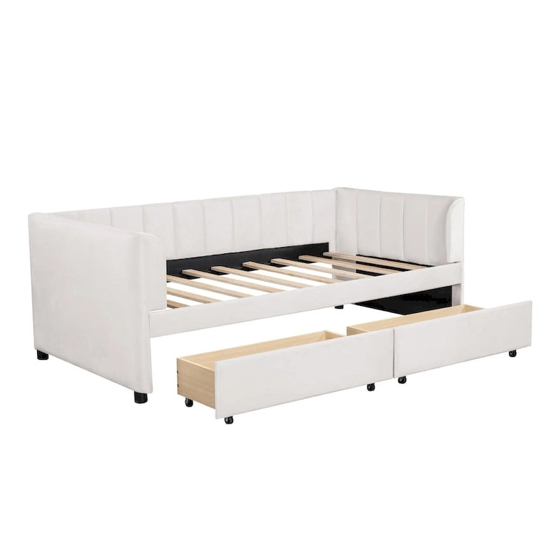 Twin Size Upholstered Daybed with Ergonomic Design Backrest and 2 Drawers