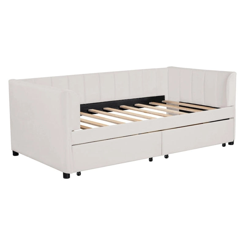 Twin Size Upholstered Daybed with Ergonomic Design Backrest and 2 Drawers