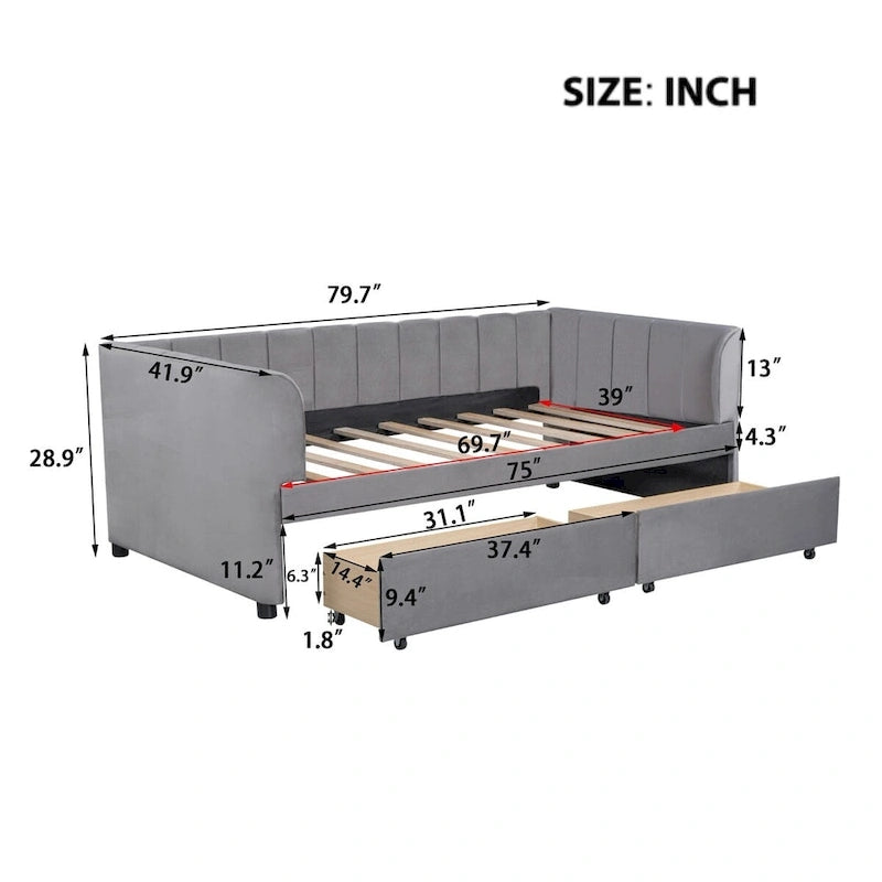 Twin Size Upholstered Daybed with Ergonomic Design Backrest and 2 Drawers