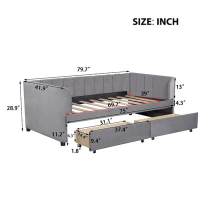 Twin Size Upholstered Daybed with Ergonomic Design Backrest and 2 Drawers