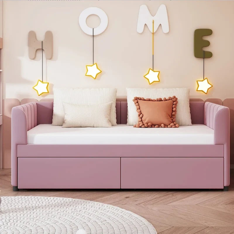Twin Size Upholstered Daybed with Ergonomic Design Backrest and 2 Drawers
