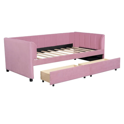 Twin Size Upholstered Daybed with Ergonomic Design Backrest and 2 Drawers