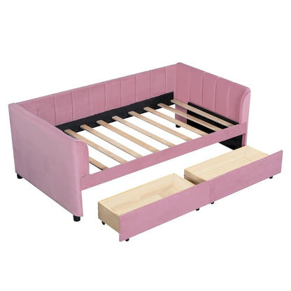 Twin Size Upholstered Daybed with Ergonomic Design Backrest and 2 Drawers