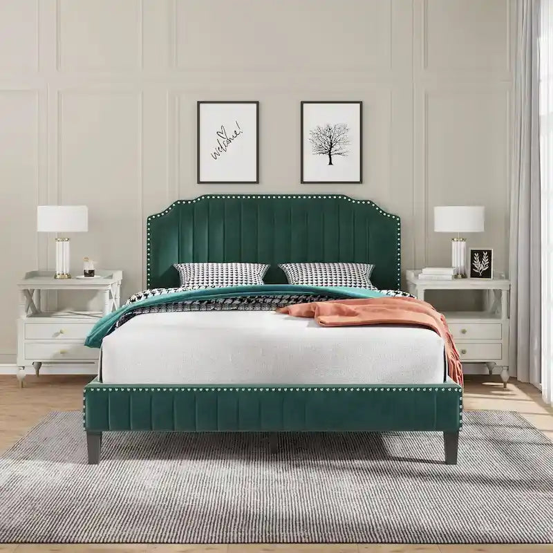 3 Pieces Bedroom Set Modern Linen Curved Upholstered Beige Platform King Bed with Two Black Cherry Nightstands