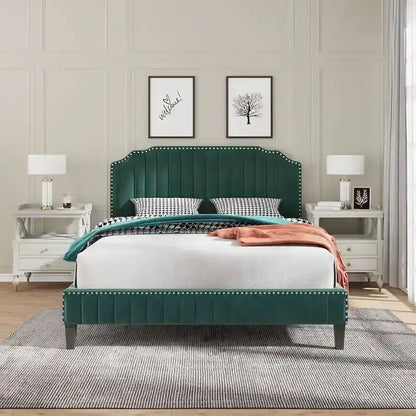 3 Pieces Bedroom Set Modern Linen Curved Upholstered Beige Platform King Bed with Two Black Cherry Nightstands