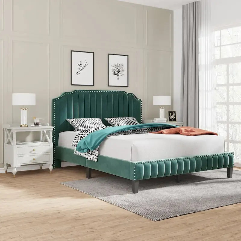 3 Pieces Bedroom Set Modern Linen Curved Upholstered Beige Platform King Bed with Two Black Cherry Nightstands