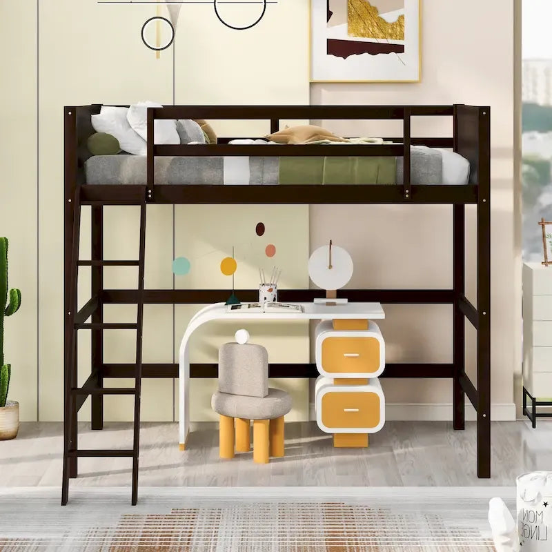 Solid Wood Twin Size Loft Bed with Ladder