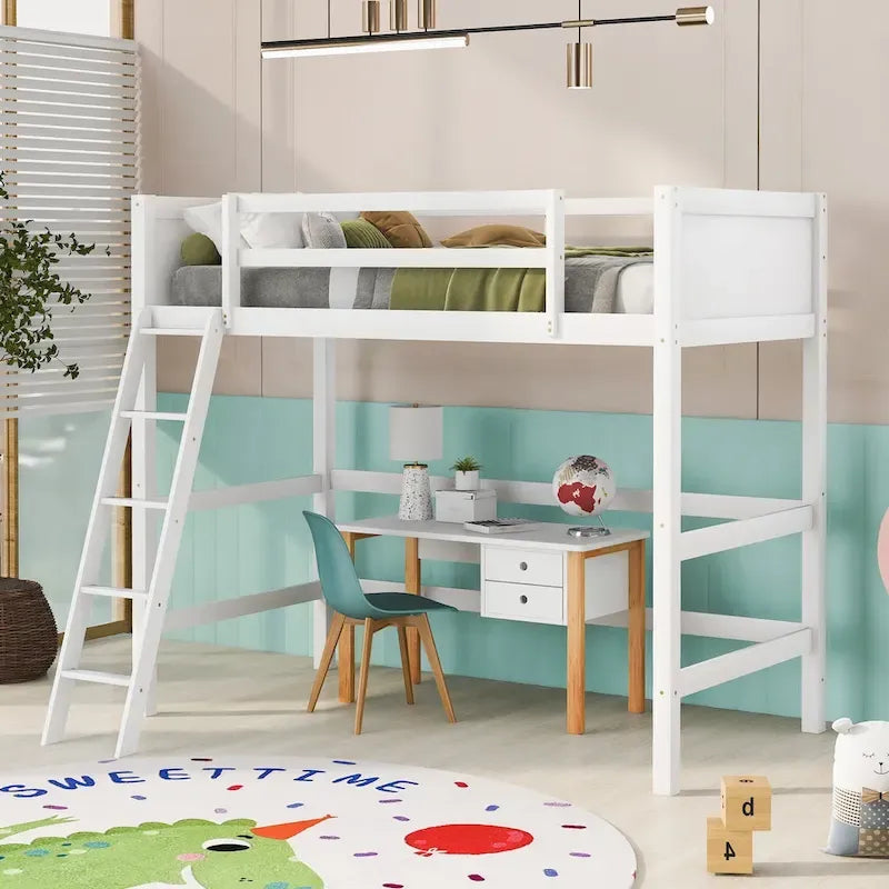 Solid Wood Twin Size Loft Bed with Ladder
