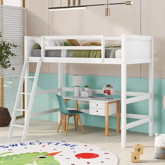 Solid Wood Twin Size Loft Bed with Ladder