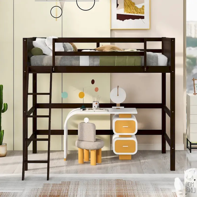 Solid Wood Twin Size Loft Bed with Ladder