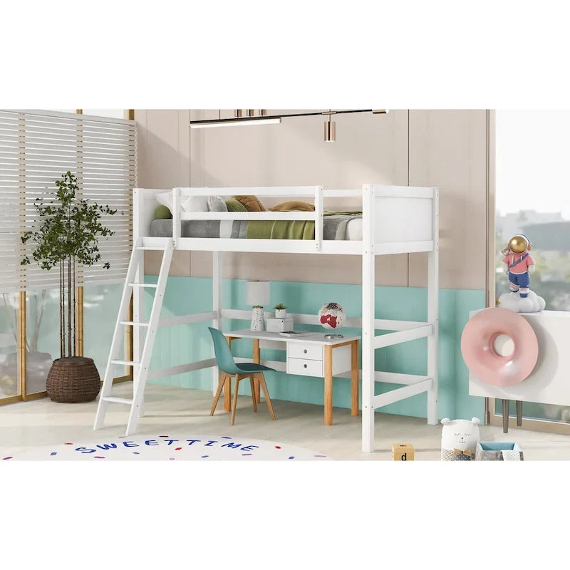 Solid Wood Twin Size Loft Bed with Ladder