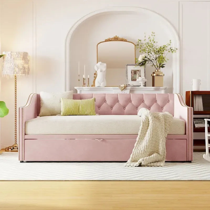 Twin Size Upholstered daybed with Pop Up Trundle, Pink