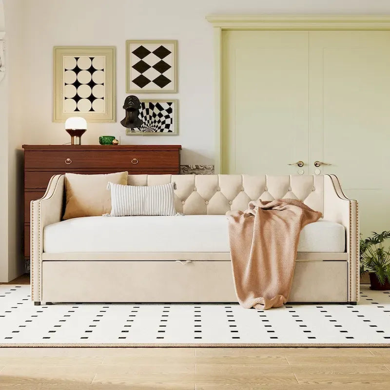 Twin Size Upholstered daybed with Pop Up Trundle, Pink