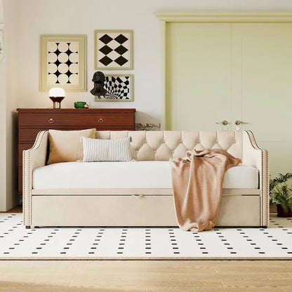 Twin Size Upholstered daybed with Pop Up Trundle, Pink