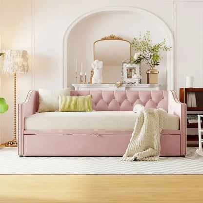 Twin Size Upholstered daybed with Pop Up Trundle, Pink