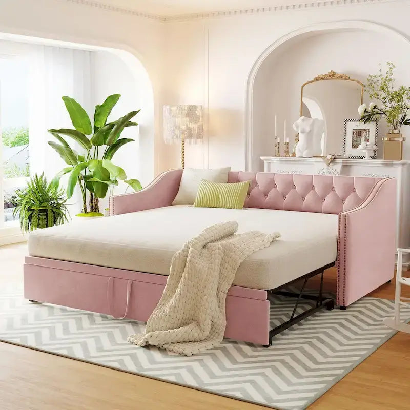 Twin Size Upholstered daybed with Pop Up Trundle, Pink