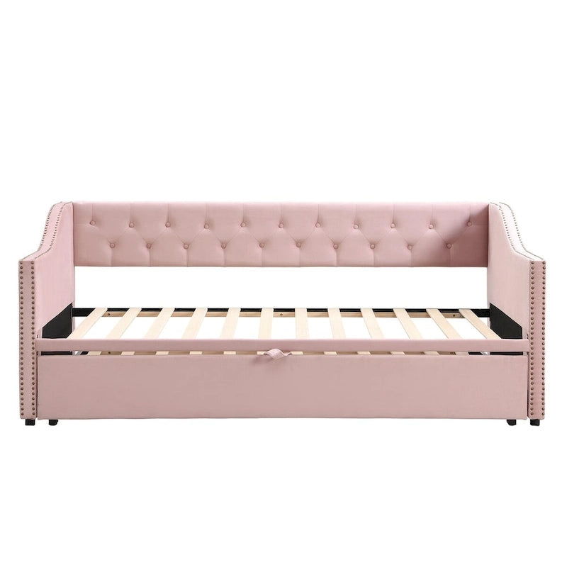 Twin Size Upholstered daybed with Pop Up Trundle, Pink