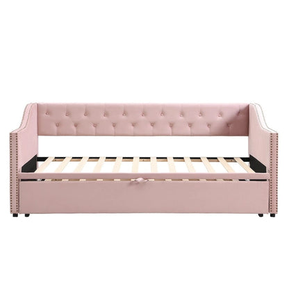 Twin Size Upholstered daybed with Pop Up Trundle, Pink