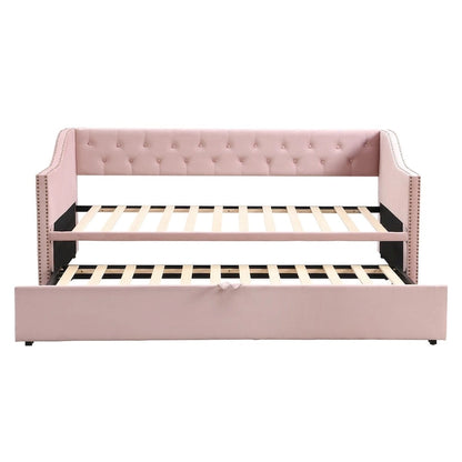 Twin Size Upholstered daybed with Pop Up Trundle, Pink