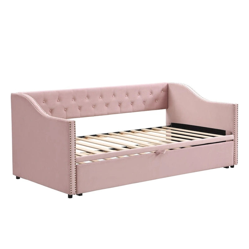 Twin Size Upholstered daybed with Pop Up Trundle, Pink