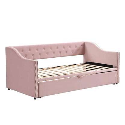 Twin Size Upholstered daybed with Pop Up Trundle, Pink
