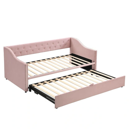 Twin Size Upholstered daybed with Pop Up Trundle, Pink