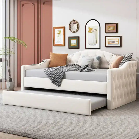 Twin Size Tufted Upholstered Daybed with Trundle ,Velvet Sofabed with USB&Type-C Charging Ports,No Box-spring Needed