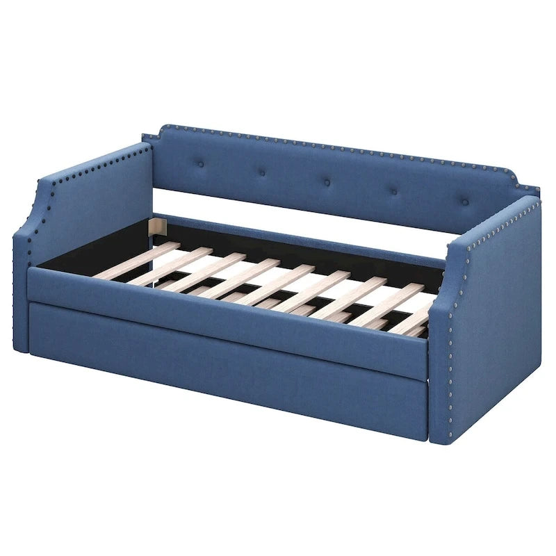 Upholstered Daybed with Trundle, Wood Slat Support,Upholstered Frame Sofa Bed, Twin
