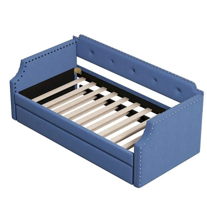 Upholstered Daybed with Trundle, Wood Slat Support,Upholstered Frame Sofa Bed, Twin