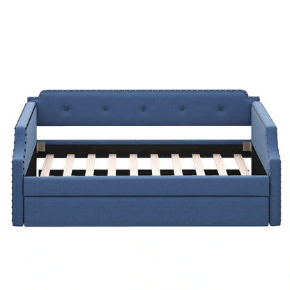Upholstered Daybed with Trundle, Wood Slat Support,Upholstered Frame Sofa Bed, Twin