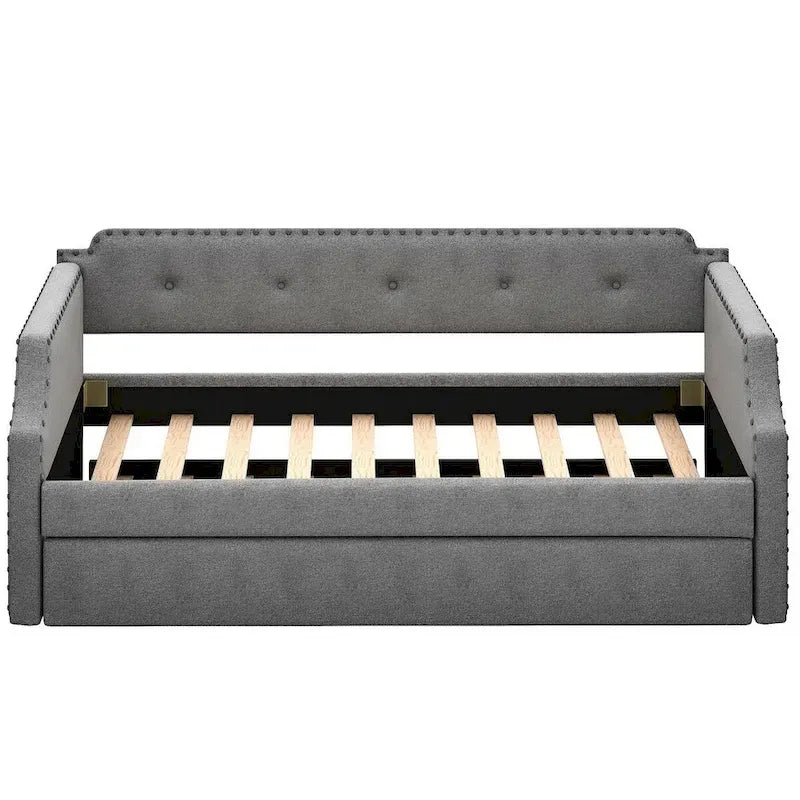 Upholstered Daybed with Trundle, Wood Slat Support,Upholstered Frame Sofa Bed, Twin