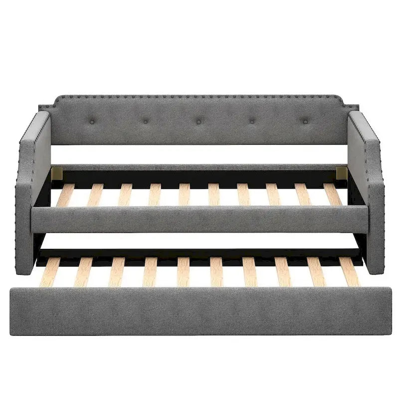 Upholstered Daybed with Trundle, Wood Slat Support,Upholstered Frame Sofa Bed, Twin