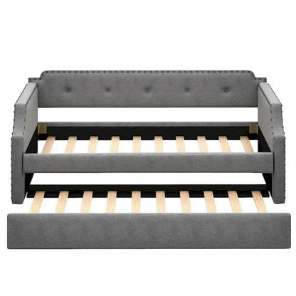 Upholstered Daybed with Trundle, Wood Slat Support,Upholstered Frame Sofa Bed, Twin